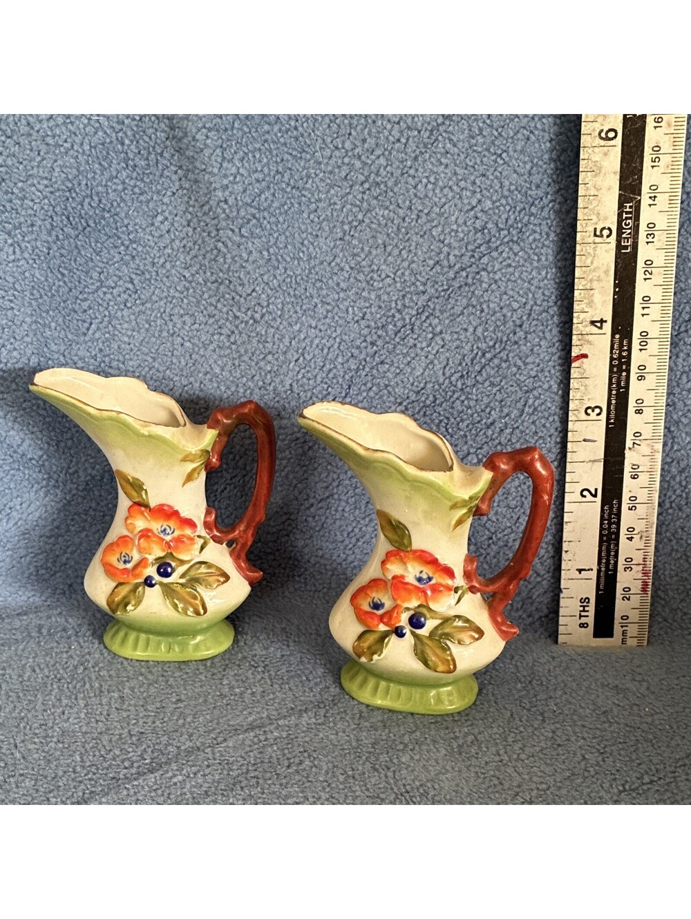 Set of 2 Floral Hand Painted Ceramic Mini Pitchers w/ Handles Spout 3 in